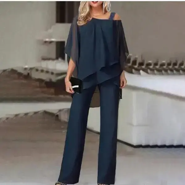 Mother of Bride Pant Suits Plus Size Half Sleeve 2 Piece Chiffon Pantsuit Formal Wedding Guest Outfit