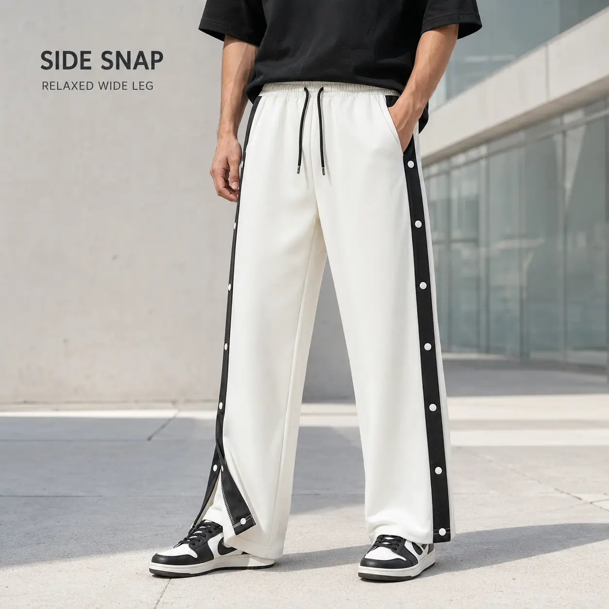 White Snap Button Split Hem Baggy Pants Elastic Waist Hip Hop Skater Open Side Casual Trousers
