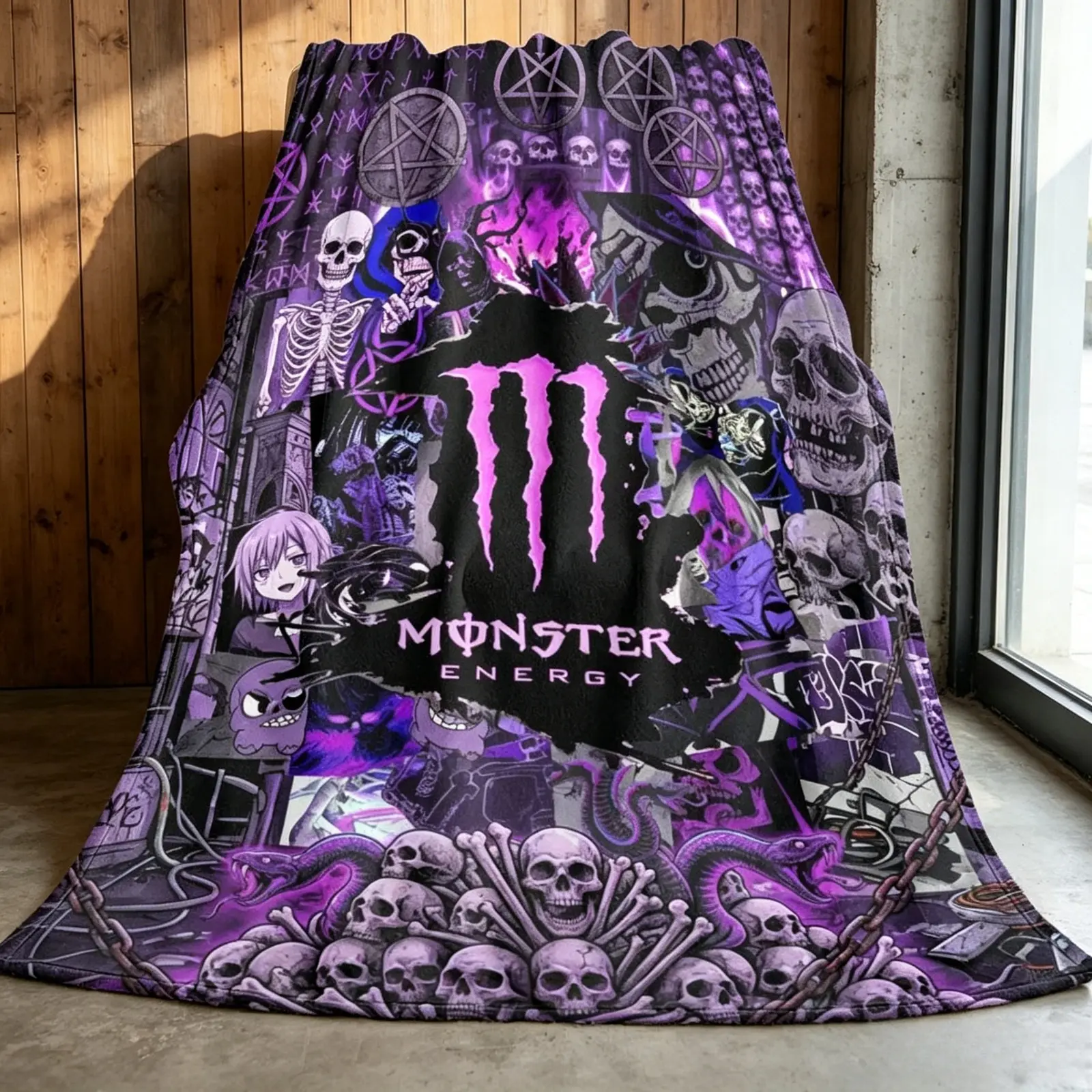 Gothic Skull Monster Energy Style Flannel Blanket Dark Purple Pentagram Horror Graphic Soft Cozy Lightweight AC Throw Blanket Kids Adults Sofa Bed Bedroom Living Room Office Travel Camping Movie Night Home Decor Gift Halloween Party Gothic Aesthetic Viral