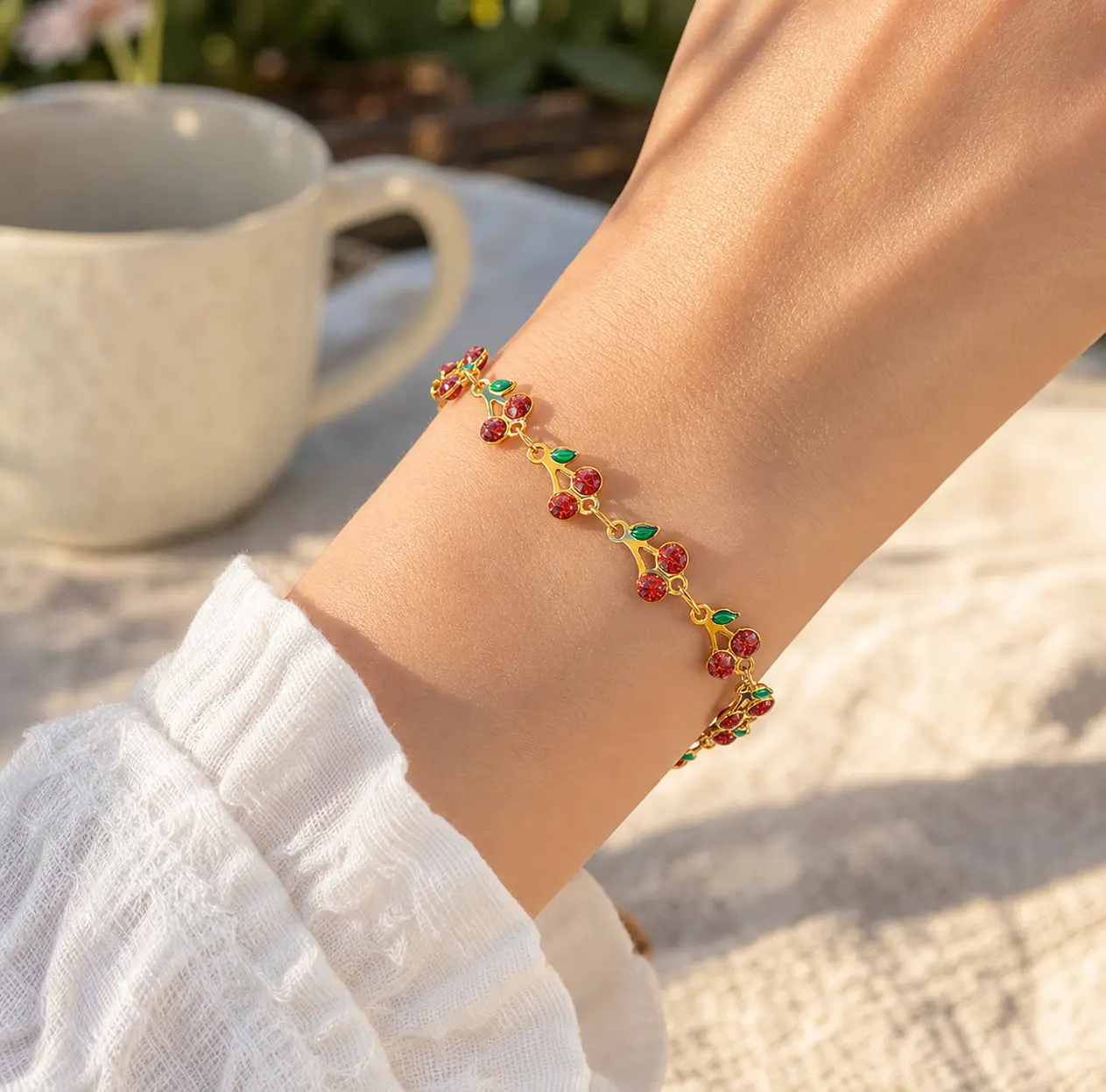 Sweet Cherry Bracelet For Women Gold Titanium Steel Oil Drip Cute Fruit Jewelry Fresh Casual Elegant Everyday Essential Gift For Her