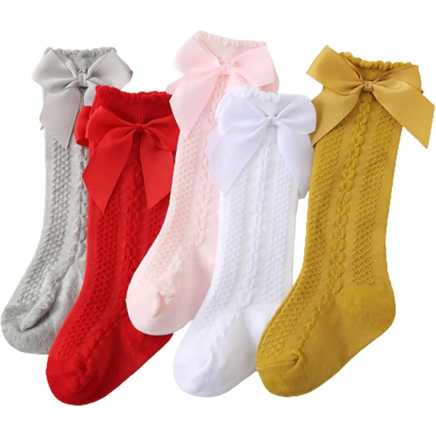 Baby Girls' Cotton Knit Knee High Socks - Ruffled Cuffs, Bow Tube Design, Long Socks for Infant Sizes, 5 Pairs, Affordable Prices