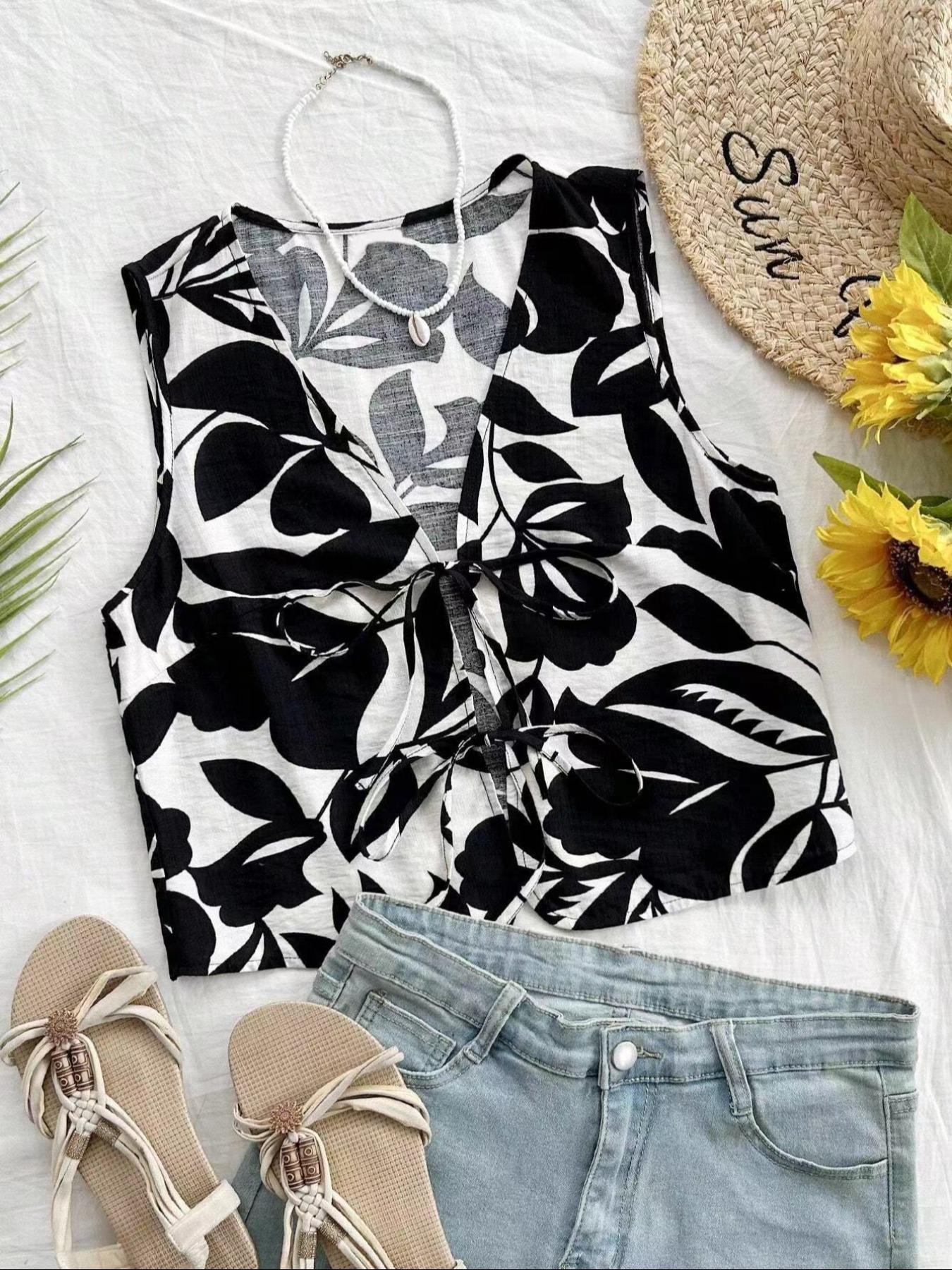 Women's All Over Print Leopard Tie Front Fitted Tank Top, Casual Sleeveless V Neck Top for Summer, Ladies Clothes for Daily Wear