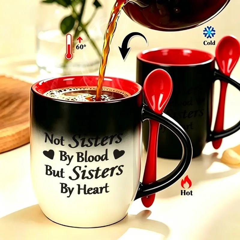 Heat Activated Color Changing Mug with Spoon, "Not Sisters By Blood But Sisters By Heart" , Add Hot Water Color Change Coffee Cup, Unique Friendship Gift for Female Best Friends, Sister, Colleague
