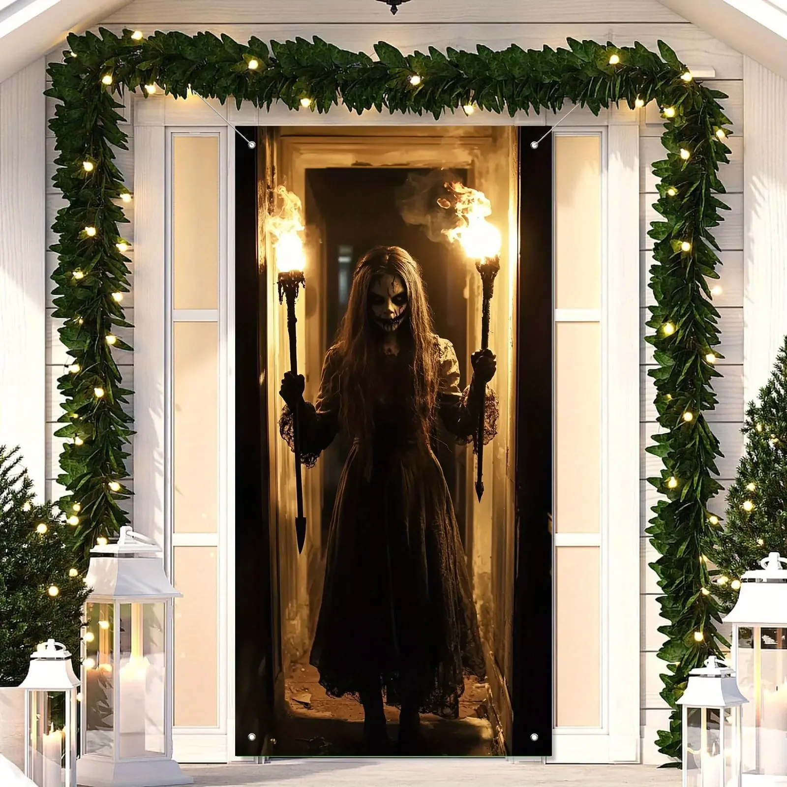 2D Door Banner, 1 Halloween Doll Door Banner with Candlelight Effect - Ghost like Polyester Front Door Background, Party, Wedding, Birthday - No Power Required, Party Background | Weird Decoration | Polyester Banner, Halloween Decorations tc