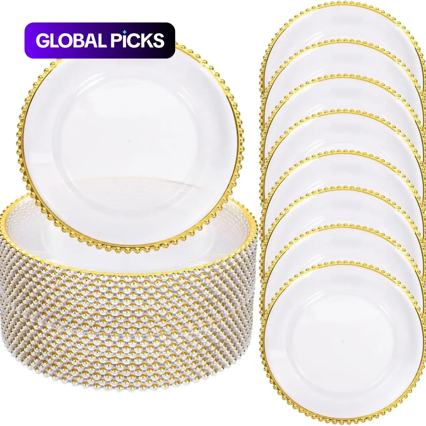 13 Inch Clear Elegant Plastic Gold Charger Plates with Gold Rim, Reusable Decorative Serving Plates for Wedding Reception, Family Party & Tabletop Decor #GLOBAL PICKS