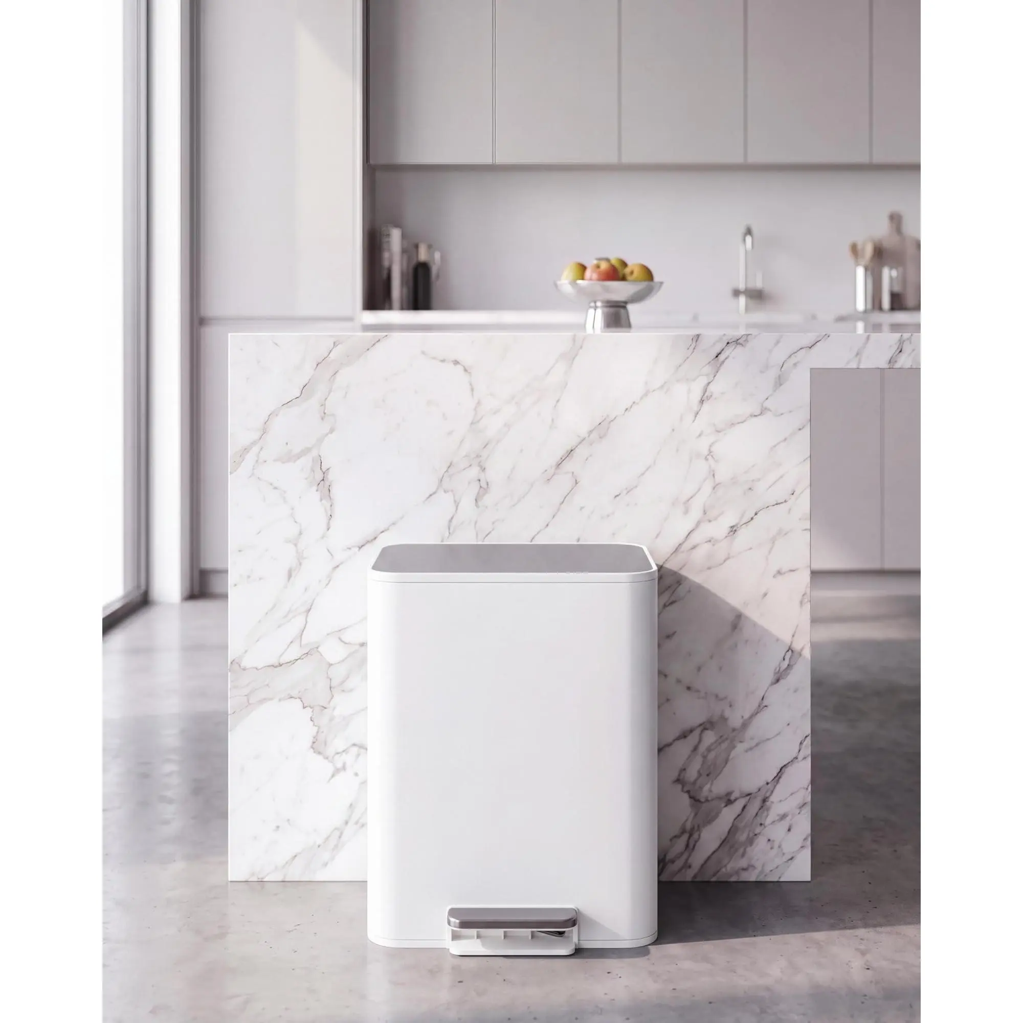 Space-Saving Small Rectangular Stainless Steel Waste Bins with Soft-Close Lid, Foot Pedal, and Removable Inner Bucket for Bedroom, Bathroom, Office, Home, and Living Room in Silver and White