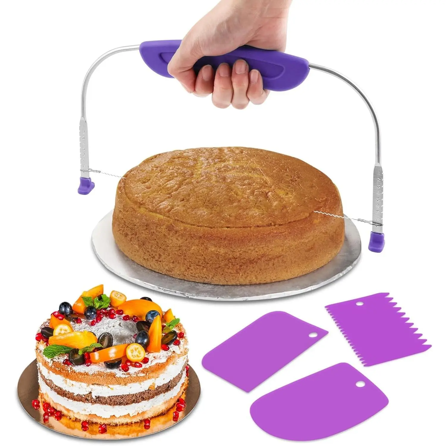 9-Level Cake Leveler and 3 Cake Scrapers Set, Adjustable Cakes Leveler Cutter, Stainless Steel Wire & Plastic Cakes Slicer for Wedding Birthday Leveling and Molding(COLOR:Purple)