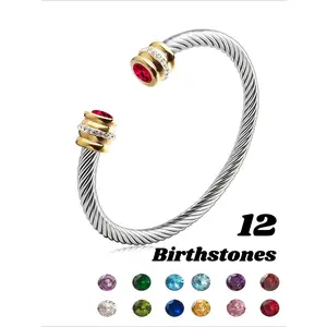 Unisex Casual Fashion Stainless Steel Birthstone Cuff Bracelet, Rhinestone Design, Zinc Alloy Chain, Adjustable Bracelets, All Seasons Wear, Cuff Bangles Bracelets, Bracelets Jewelry