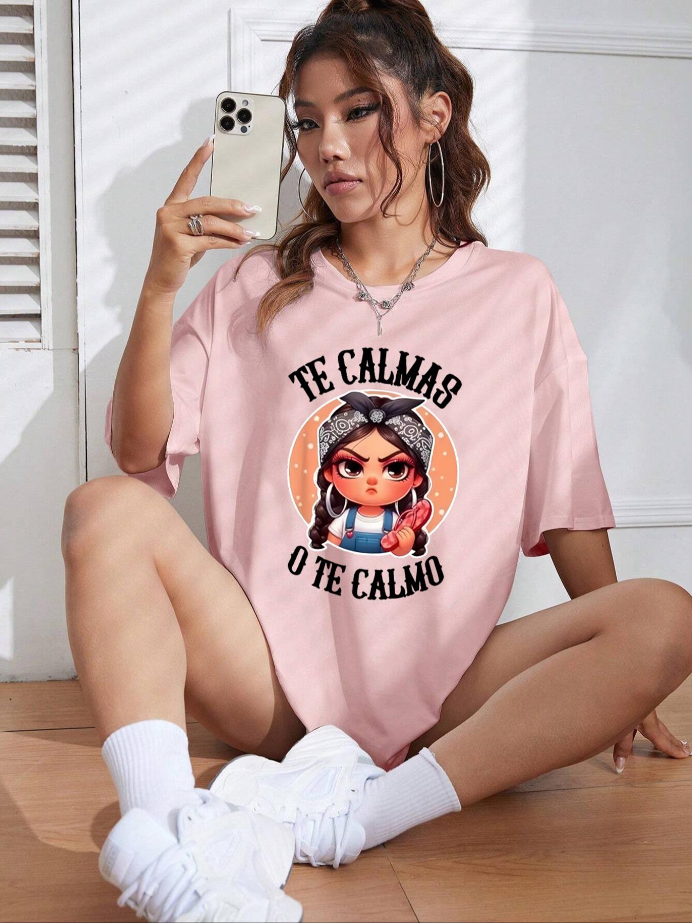 Women's Cartoon & Letter Print Round Neck Tee, Fashion Casual Short Sleeve T-shirt for Daily Wear, Ladies Summer Clothes