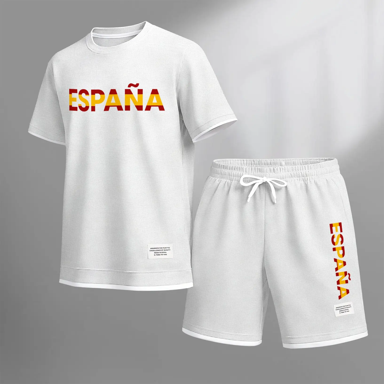 Men’s ESPANA Graphic Two Piece Set, Oversized T-Shirt and Shorts Matching Outfit with Spain Inspired Letter Print, Casual Streetwear Style for Summer, Travel, Beach and Daily Wear.