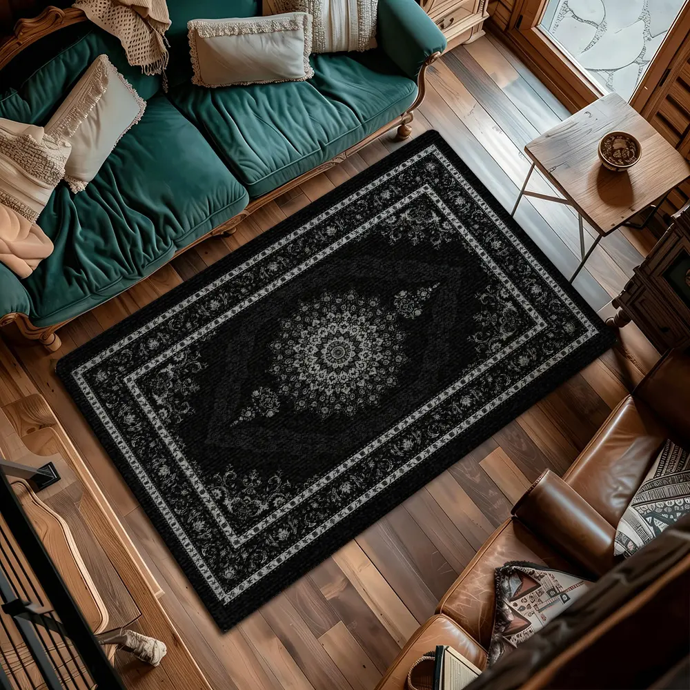 Flannel Black Vintage Mandala Floral Rug, Retro Border Medallion Home Floor Mat #VintageRug #MandalaRug #FloralPattern #FlannelRug #LivingRoomMat