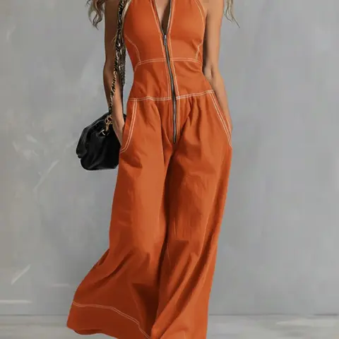 Women's Stand-Collar Sleeveless Solid Color Zip-Front Zipper Loose Jumpsuit, Comfortable and Stylish Casual One-Piece for Spring, Summer and Fall, Casual Baggy Jumpsuit
