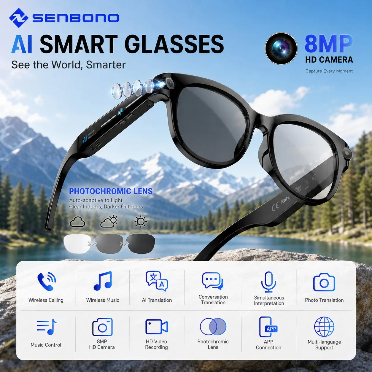 2026 AI glasses camera 8MP high-definition recording glasses, Multifunctional smart glasses, customized photochromic lenses, with audio, multilingual translation, wireless calling and music, AI object recognition, touch, outdoor wearable camera glasses