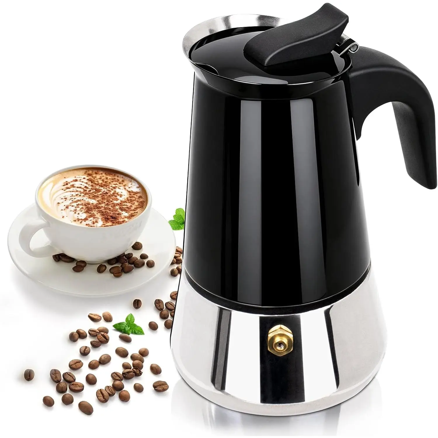Stainless Steel Moka Pot Express Coffee Maker Stovetop Espresso Percolator Coffeemaker Italian Classic Style Brewing Greca Cafe Mocha Machine for Cafeteras Lover Camping Travel 2 Cup 100ml