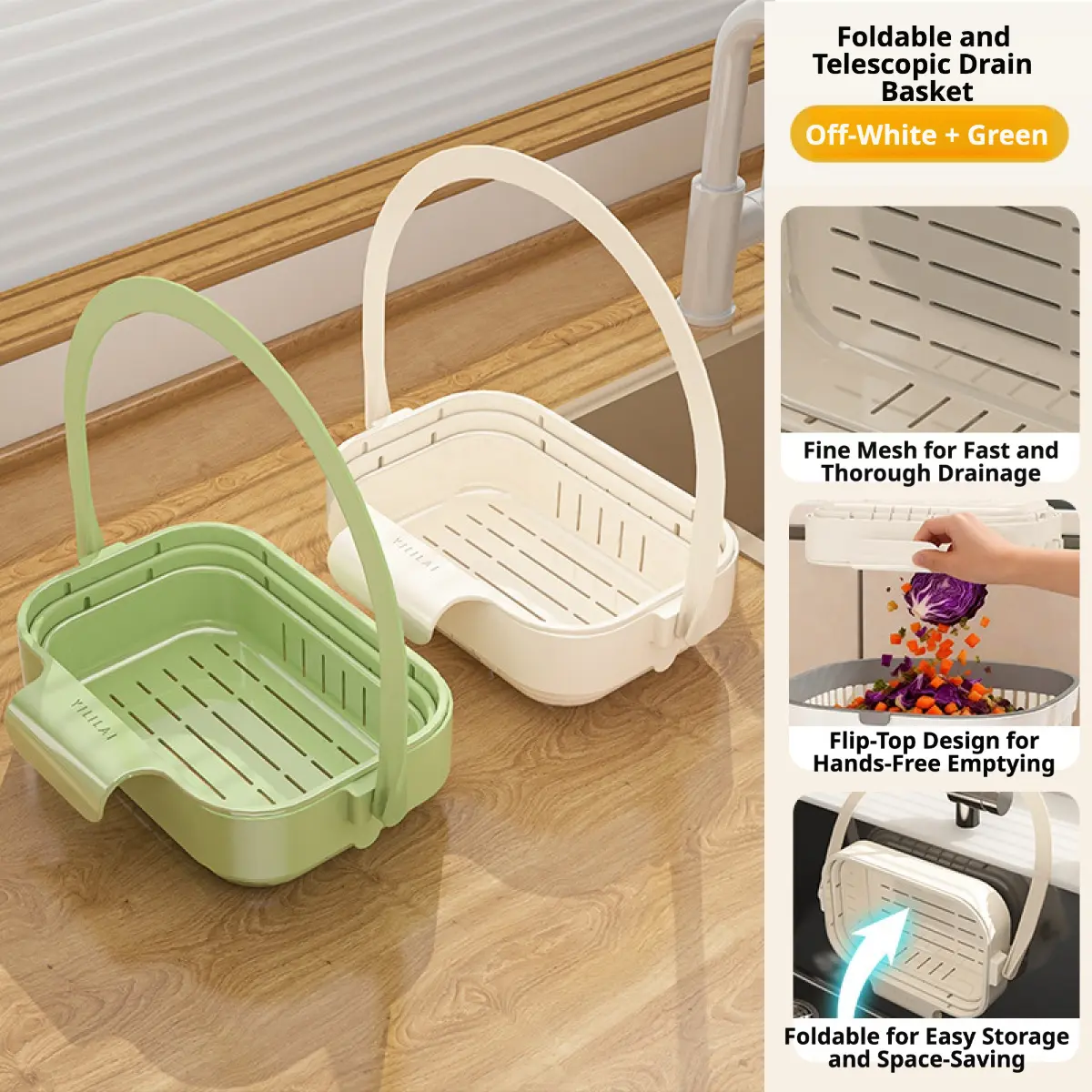 BloomWish Retractable Fold Rectangle 1-Layer Durable Sink Strainer Basket - Adjustable Hanging Faucet Rack, Space Saver Mesh Drainer for Kitchen Food Scraps, Sponge Storage