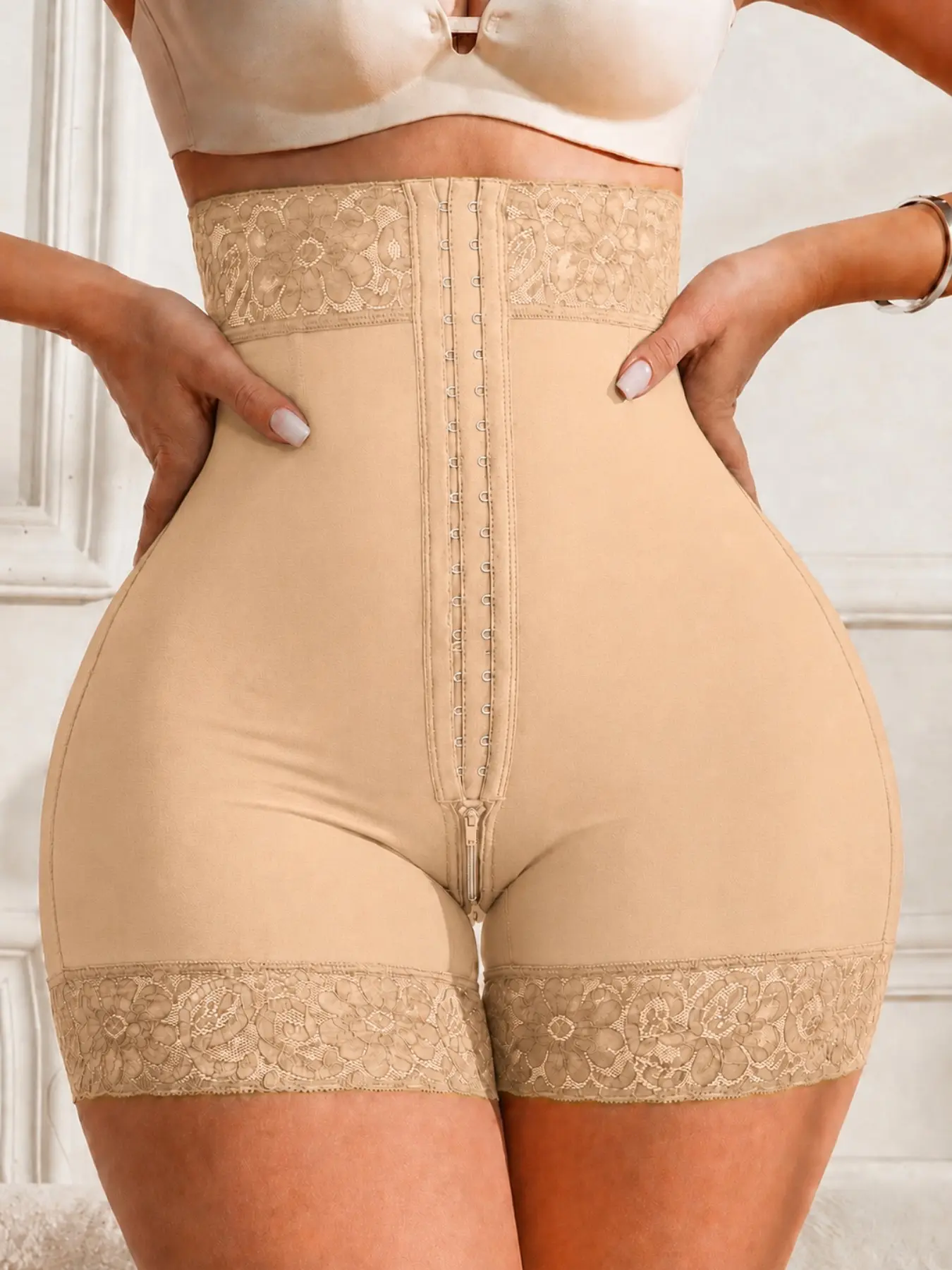 1 Count Women's Elegant Underwear Soft Lace Trim Anti-Curl Leg Bands Bottoms, Colombian Shapewear, Fajas, Metal Zipper Waist Panty, High Stretch Fabric Tummy Control Briefs, Firm Waist Lift Buttocks Tight Curves Shapewear, Suitable For Daily, Sport, Yoga