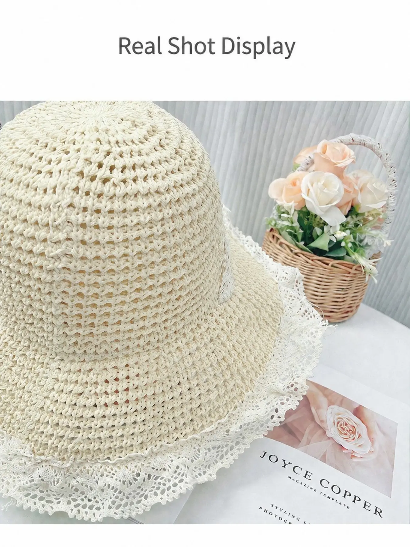 Women's Wide Brim Straw Hat, Lace Trimmed Adjustable Strap, UV Protection, Foldable Beach Fedora, Ideal for Vacation, Pool, Gardening, &