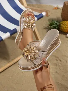 Women's Summer Rhinestone Flower Wedge Sandals, Open-Toe Mesh Breathable Straw Thick Sole High Heel Slippers, Non-Slip Beach Shoes