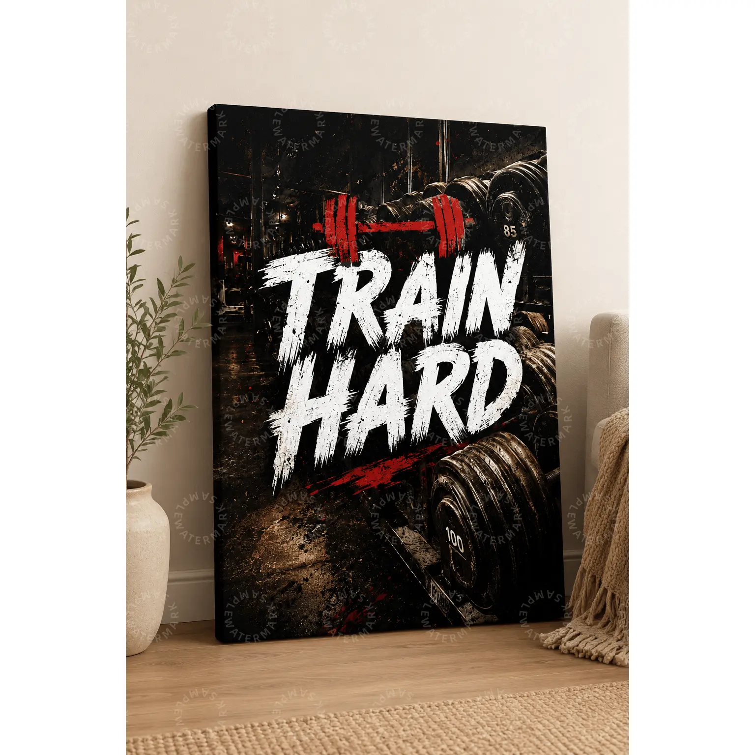 Train Hard Poster, Gym Motivation Wall Art, Black Red Grunge Fitness Canvas Print, Dumbbell Workout Room Decor, Home Gym Wall Decor, Man Cave Decor, Office Wall Art, Aesthetic Poster Gift