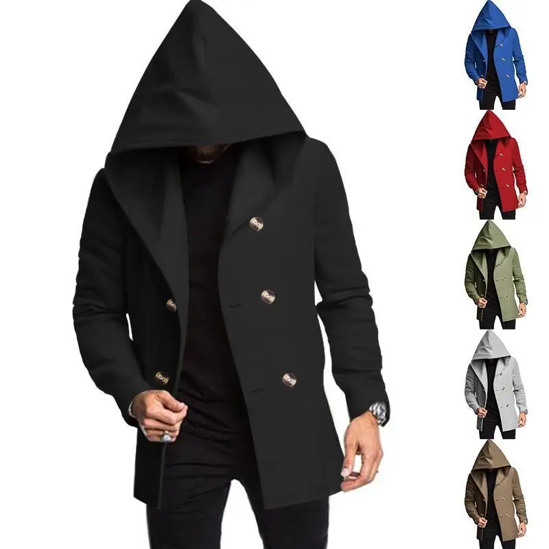 2025 Men's Slim-Fit Trench Coat European American Trend Mid-Length Hooded Durable Solid Color Casual Double Coated Short Menswear Jackets Tops Plain Beige Long Sleeve Wetsuit Black Fall Deals Concert - Fashion