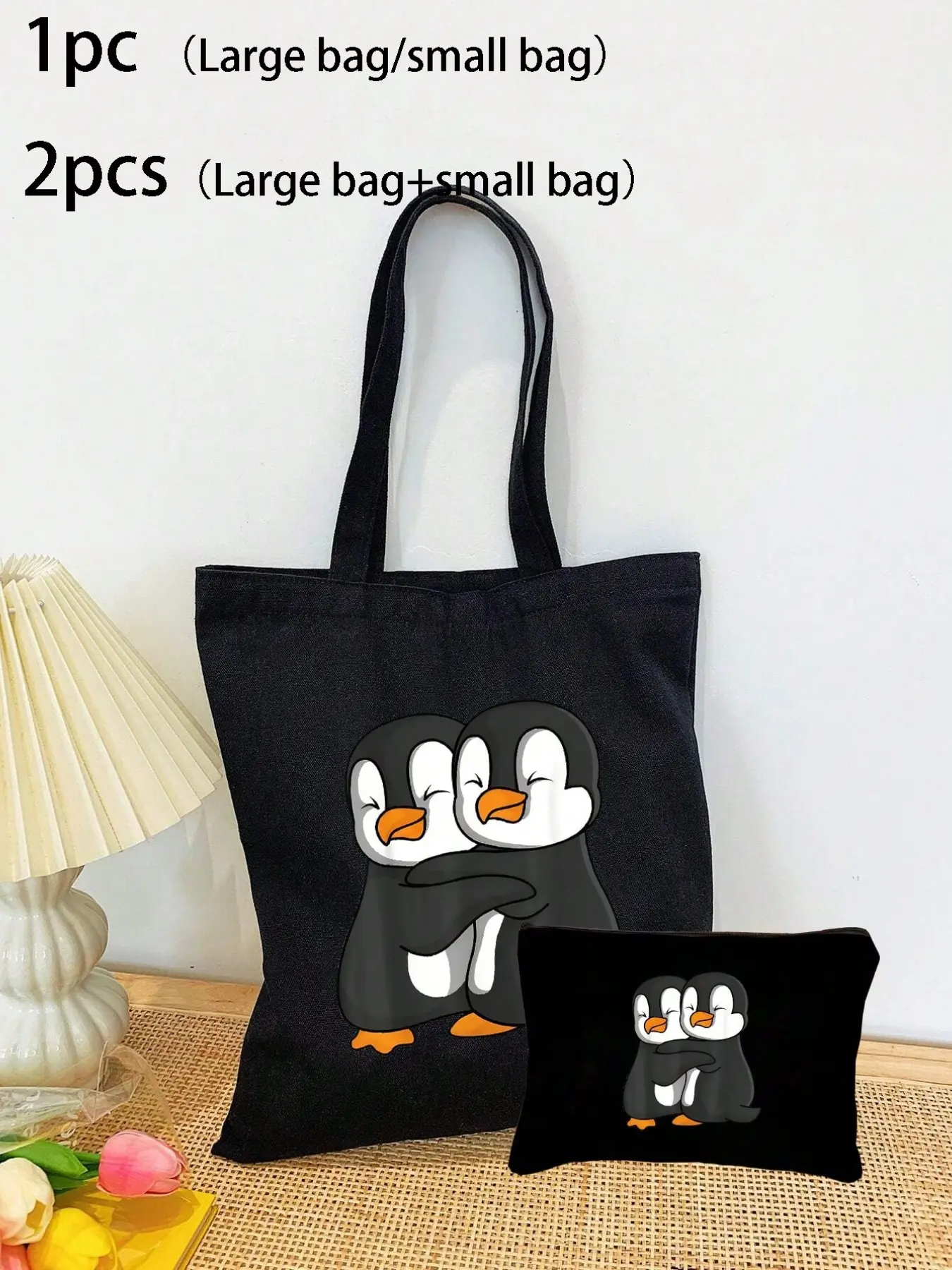 Cute Penguin Print Handbag for Women, Compact Fashion Bag with Zipper Makeup Pouch, Reusable Shopping Bag for Daily Use