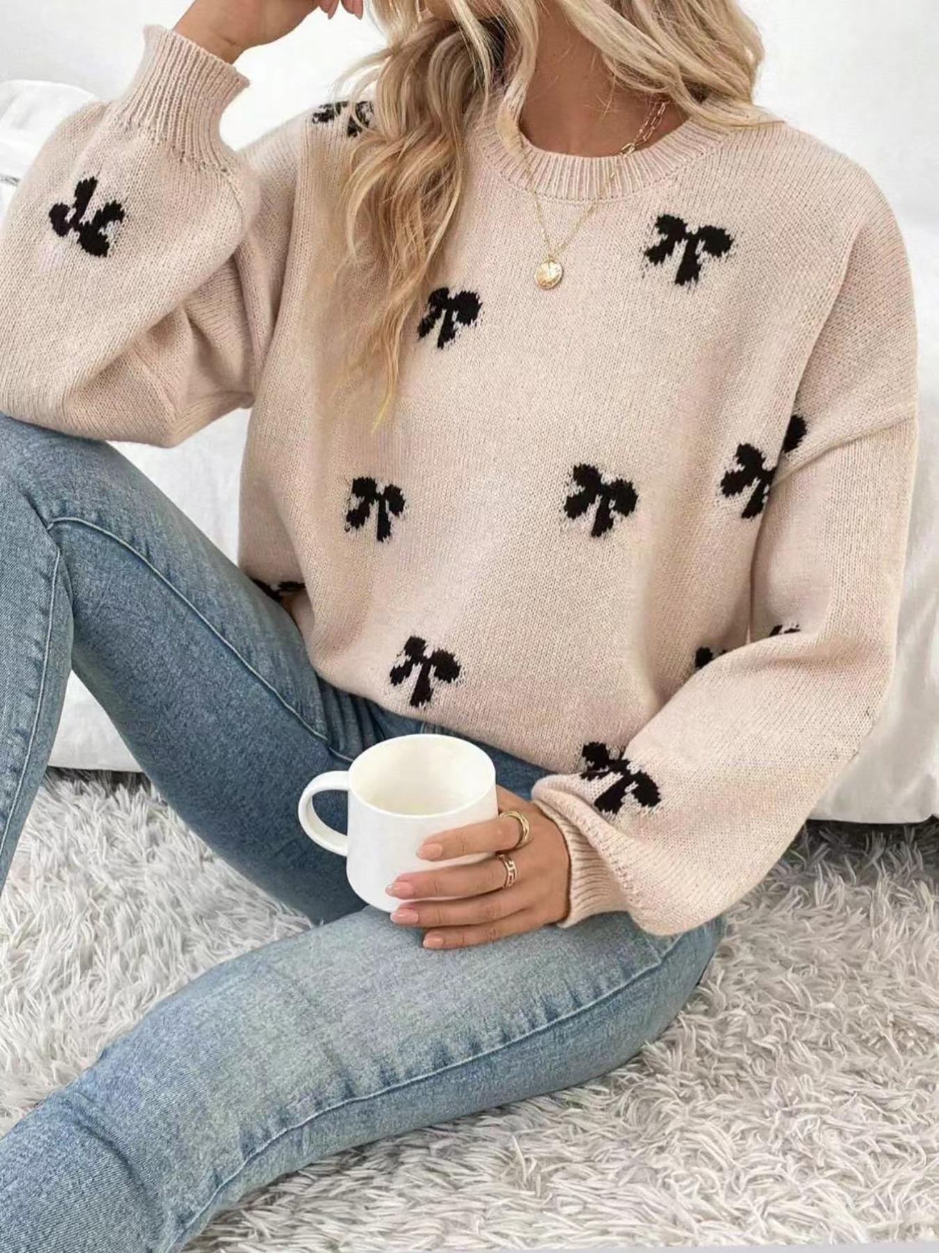 Elegant Bow Pattern Knit Pullover Sweater, Fitted Chic Long Sleeve Round Neck Casual Top for Fall & Winter, Women's Fashion Daily Wear