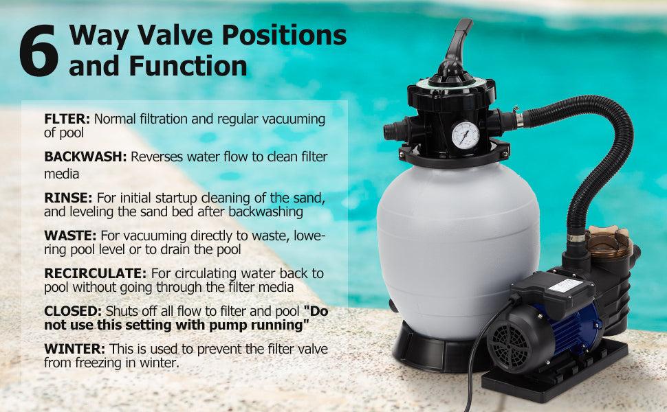 GARVEE 13 Inch Sand Filter Pump - 3434GPH 3/4HP for Above Ground & Inground Pools up to 8500 Gallons, Includes 6-Way Multi-Port Valve & Strainer Basket, Easy Installation with 2Lbs Filter Ball. GARVEE 13 Inch Sand Filter Pump - 3434GPH 3/4HP for Above Ground & Inground Pools up to 8500 Gallons, Includes 6-Way Multi-Port Valve & Strainer Basket, Easy Installation with 2Lbs Filter Ball.