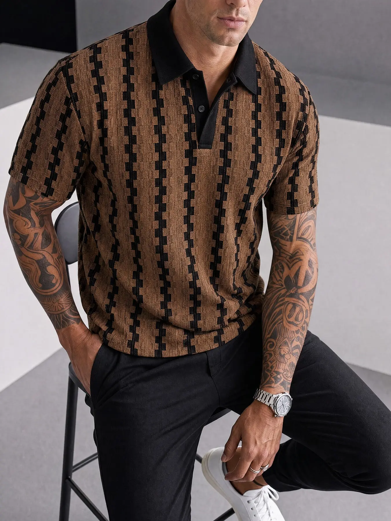 Men's Retro Vertical Stripes Short Sleeve Polo Shirt, Contrast Collar Textured Jacquard Top, Business Casual Summer Wear, Collared Polo Shirts