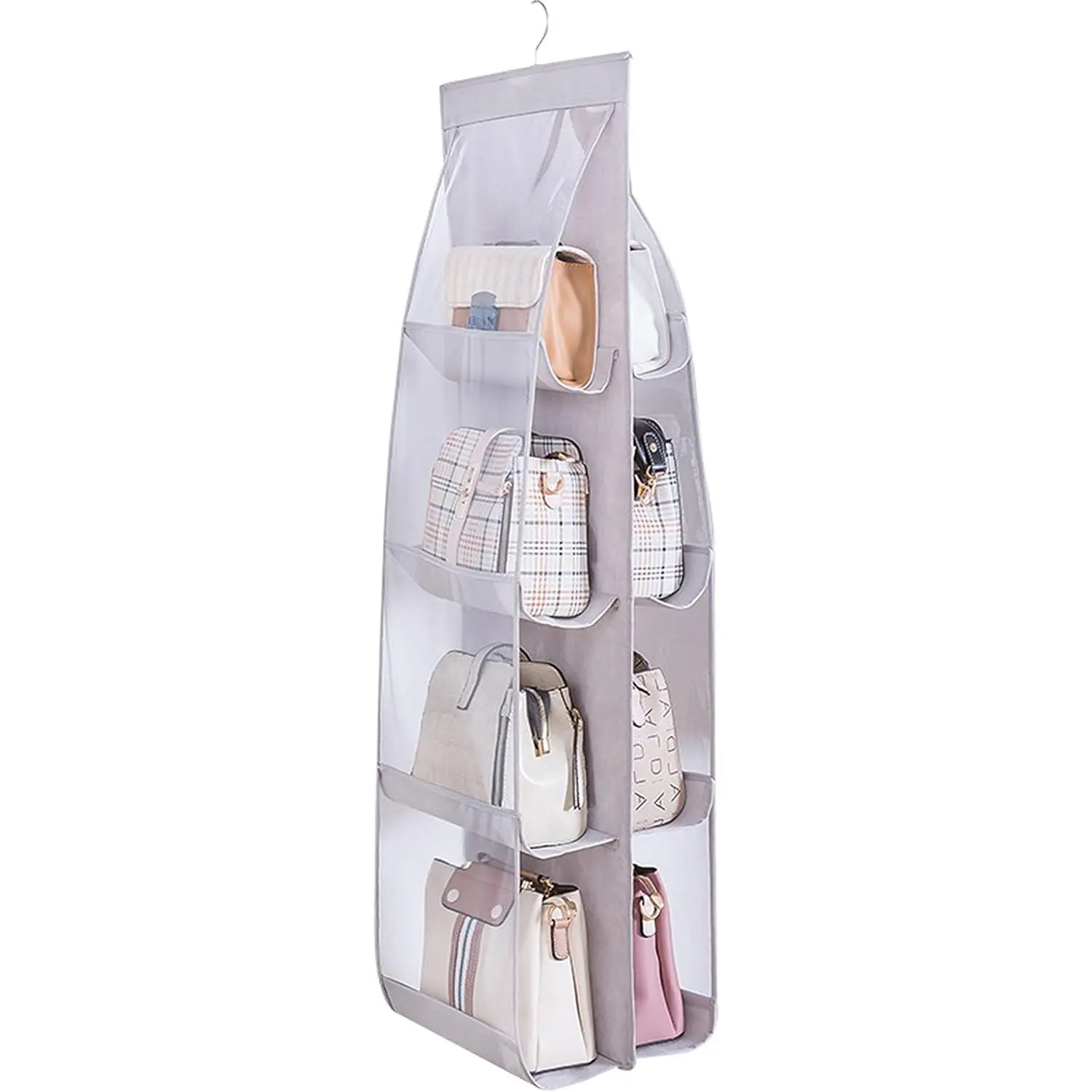 1 Pack  Handbag Organizer for Closet, Purse Storage Holder with 8 Easy Access Clear PVC Pockets, Purse Hanger for Wardrobe Space Saving  Bags (Gray)