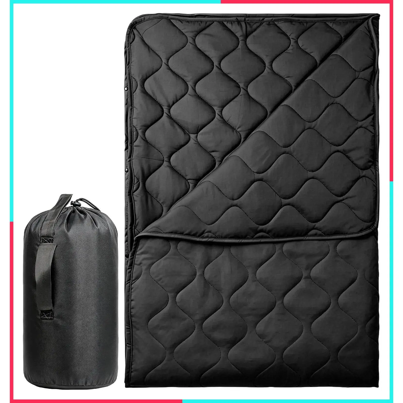 Woobie Blanket, Thermal Insulated Military Poncho Liner, Water-Resistant, Portable, for Hiking, Survival with Compression Carry Bag (Black)