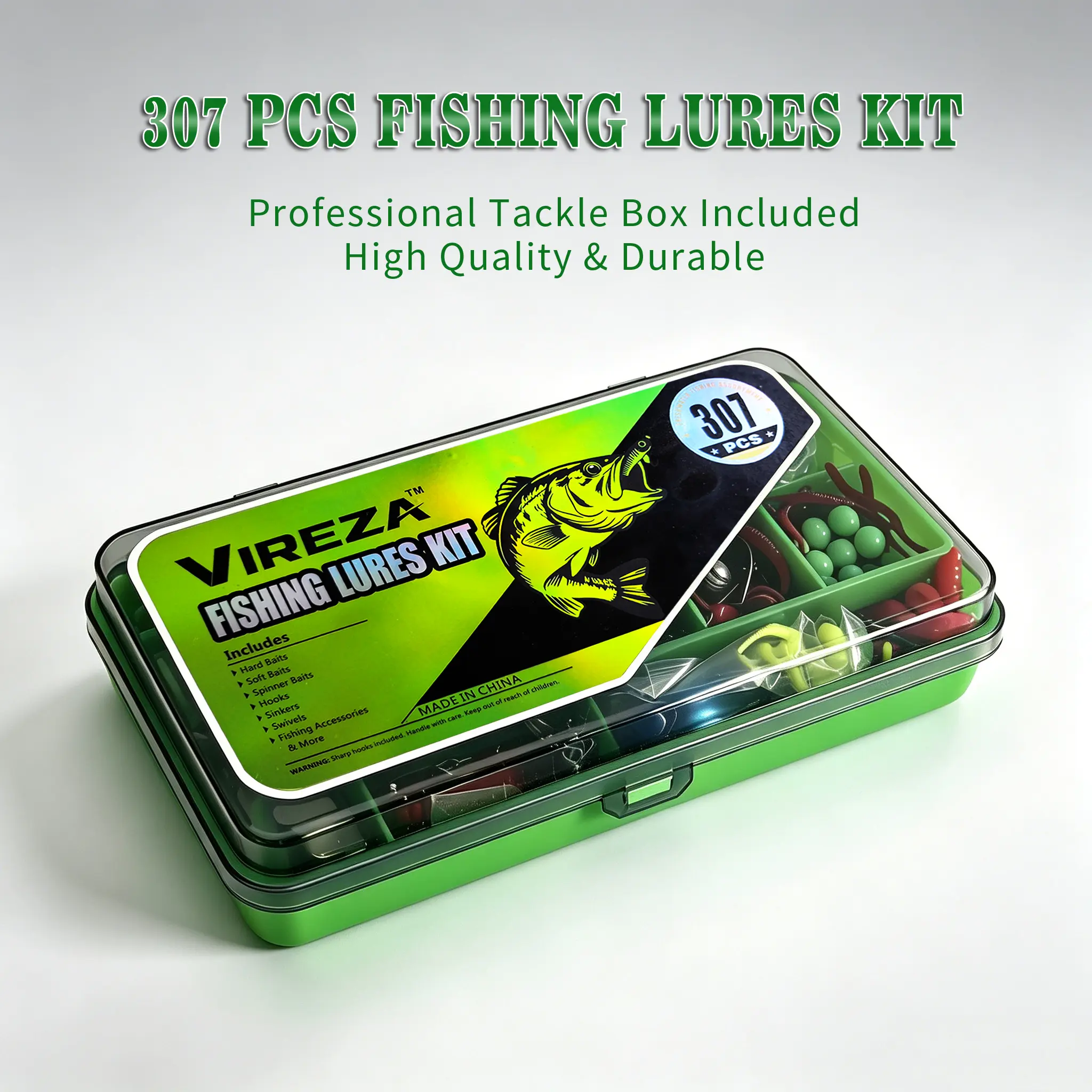 Vireza 307 Pcs Fishing Lures Tackle Kit with Storage Box, Mixed Hard Soft Baits Spoons Jig Heads Hooks Sinkers Accessories Set, Freshwater Saltwater Bass Trout Fishing Gear