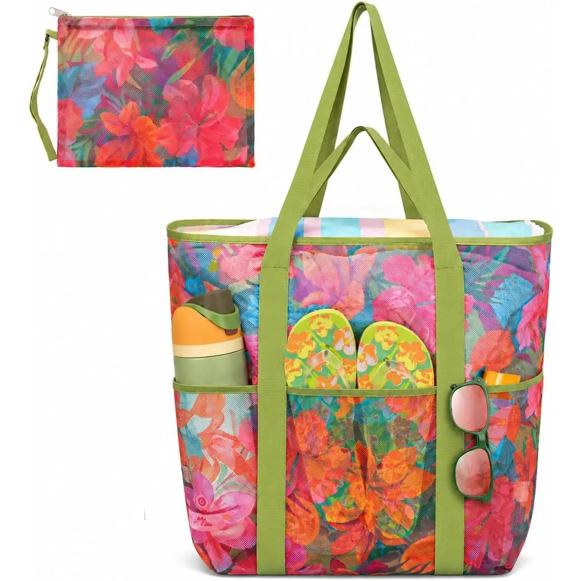 Beach Bag and Pool Bag Has Cooler Pocket, Zip Top. Family Size Waterproof Beach Tote