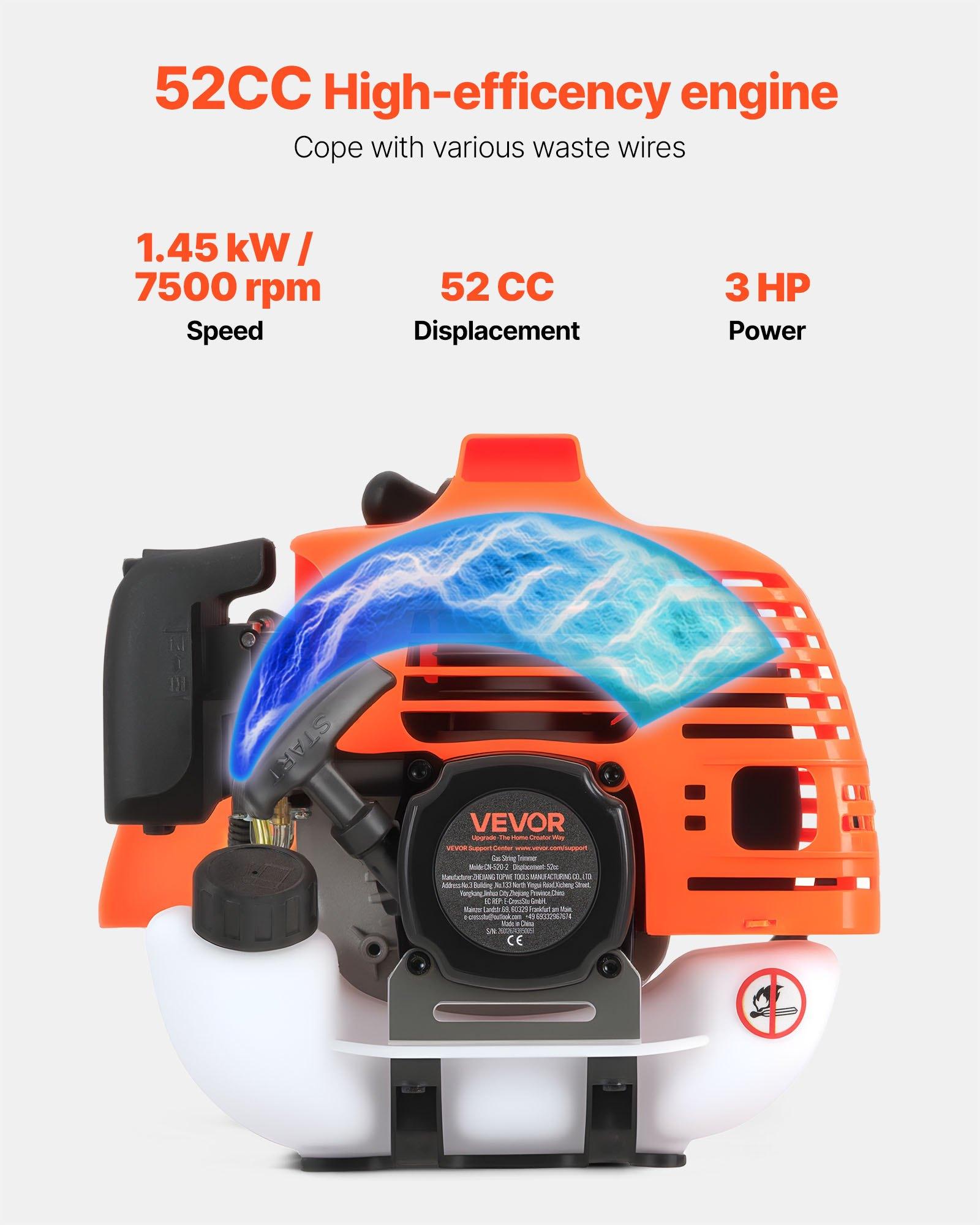 VEVOR Cordless String Trimmer, 52 cc 2-Stroke, Gas Powered Weed Wacker, 17" Cordless Grass Trimmer, Multi-Functional Lawn Edger with Shoulder Strap & 3T Blade, Weed Eater for Quick Grass Cleaning