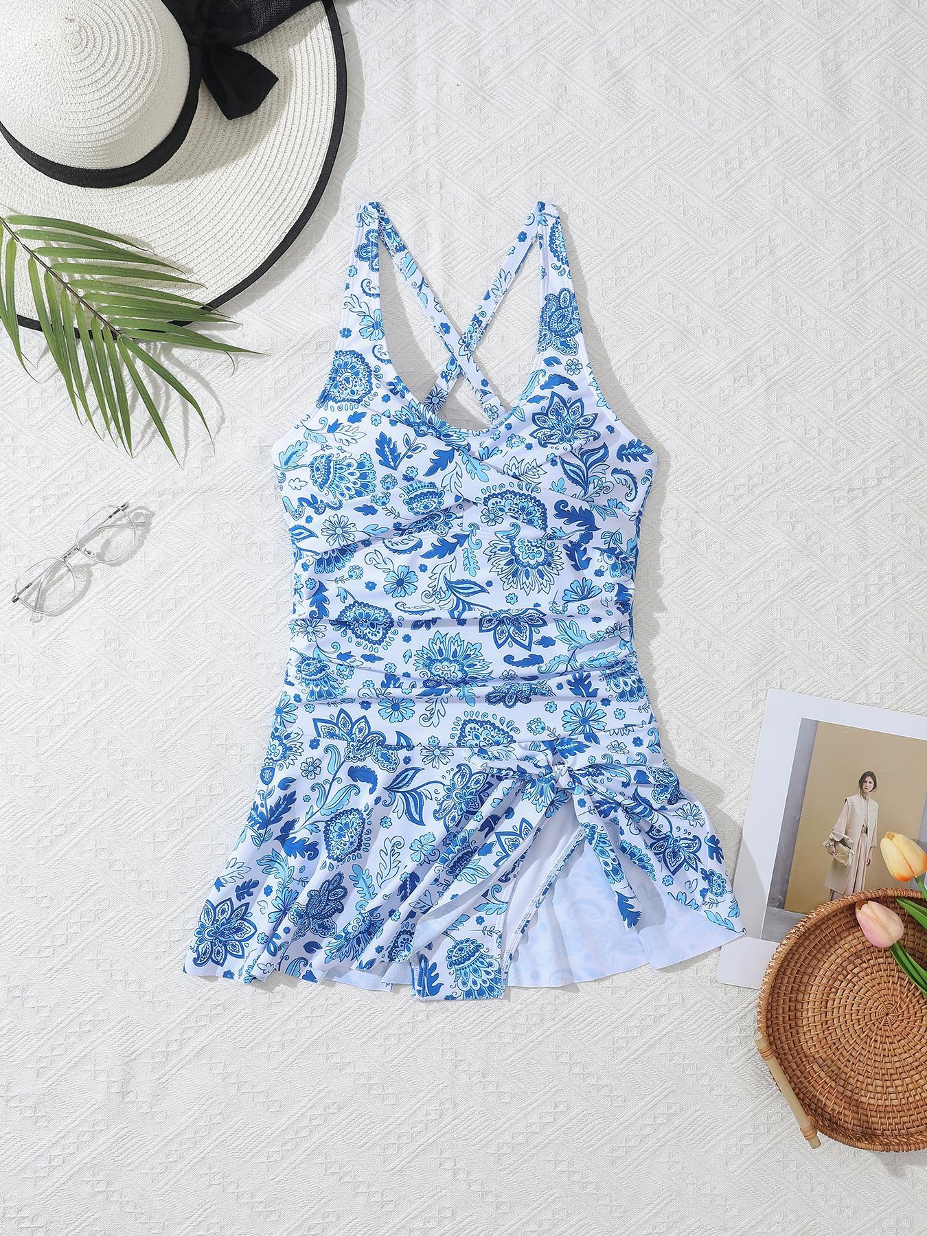 Women's 2 in 1 Criss Cross Ruched Knot One-Piece Swimsuit, Solid Color Sleeveless V Neck One-Piece Swimwear for Beach Holiday Vacation, Ladies Swimsuit for All Seasons