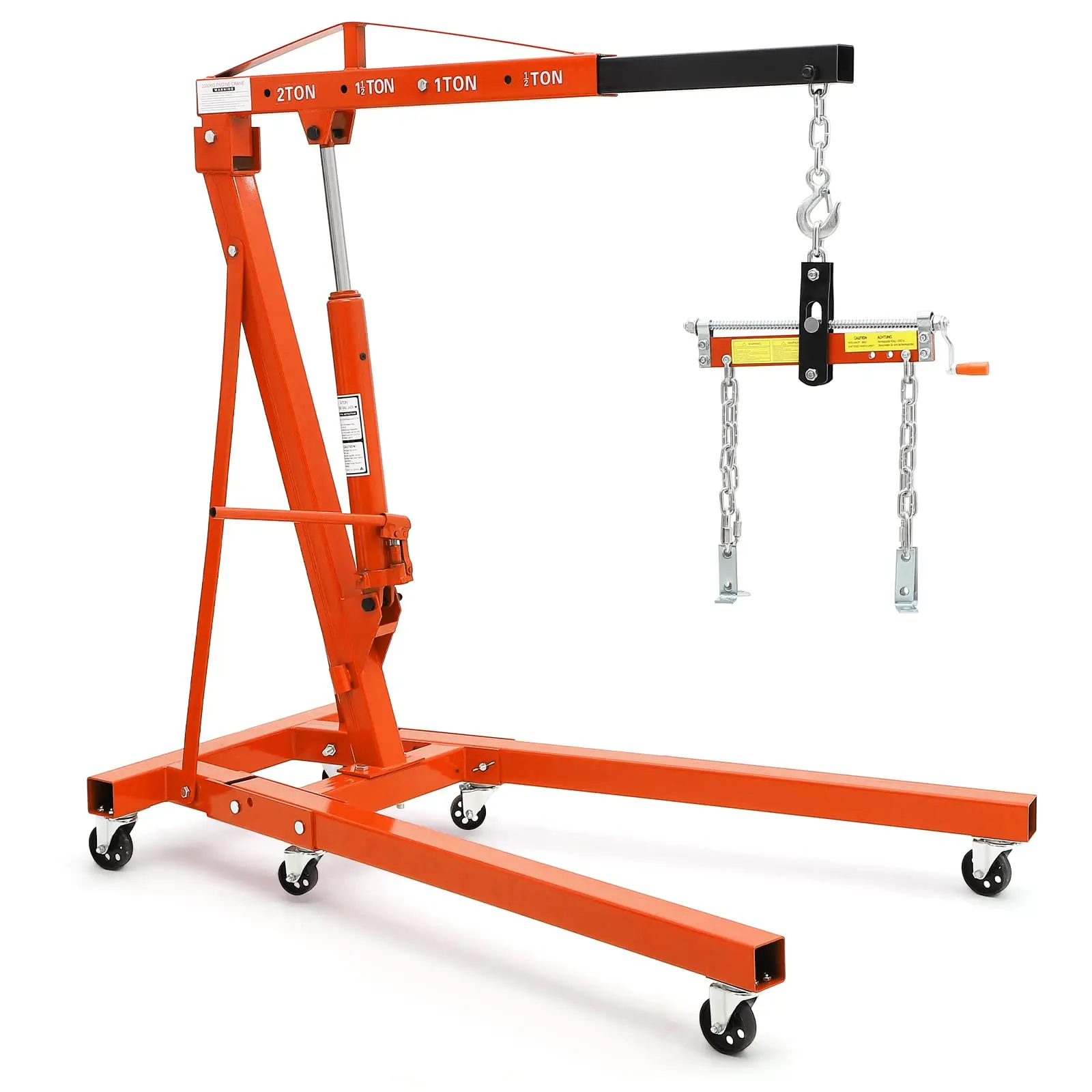 2 Ton Folding Hydraulic Engine Hoist – Heavy Duty Cherry Picker – Adjustable Boom (0.5T-2T), Load Leveler, 4400 lbs Capacity – 6 Swivel Wheels, Hydraulic Pump – Engine Crane Lift for Garage, Workshop, Warehouse – Red/Black