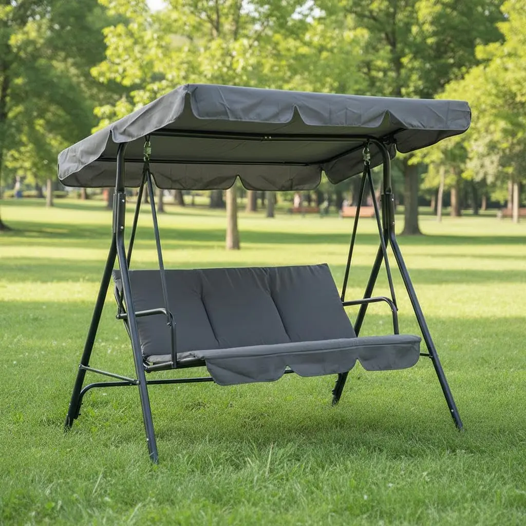 3-Seat Triangular Patio Swing Chair with Adjustable Canopy - Heavy-Duty Steel Frame - Textilene Breathable Seat & Armrests - Ideal for Garden, Backyard