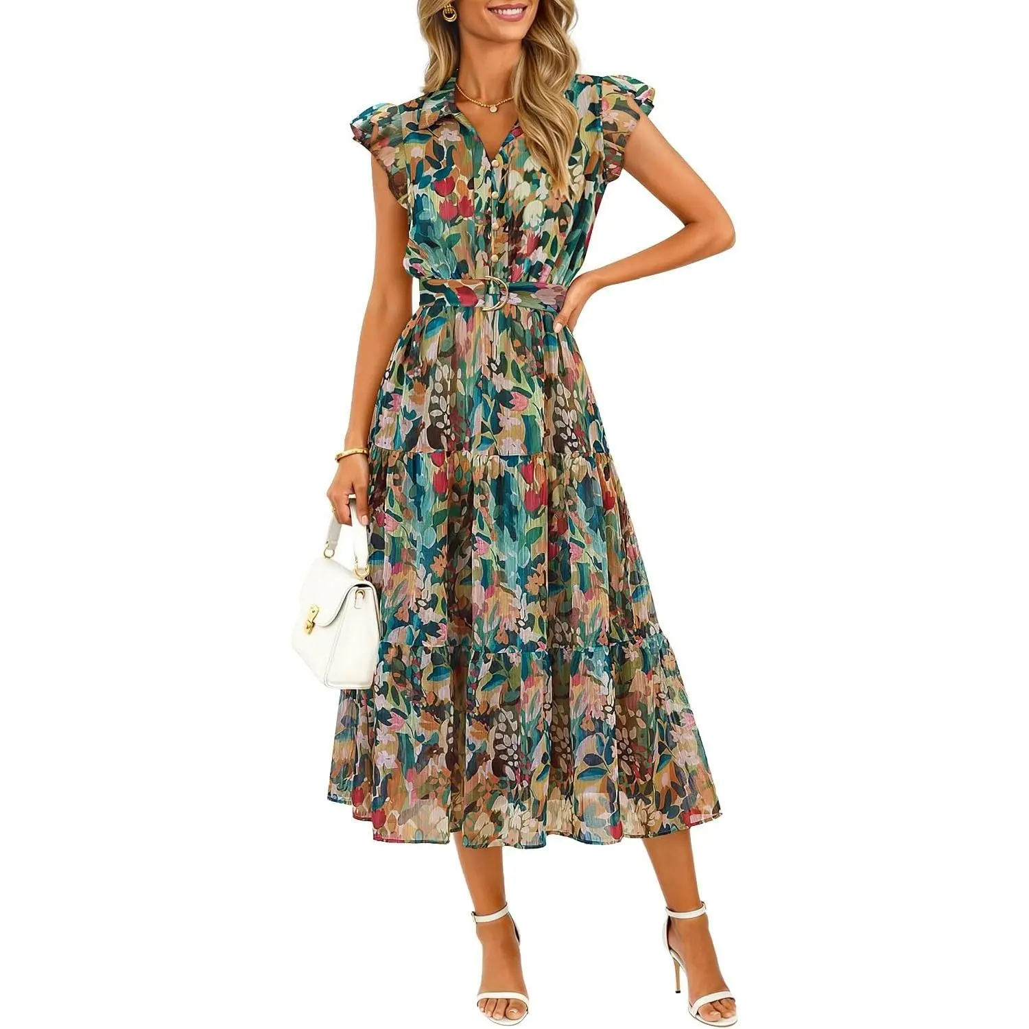 Women's 2026 Summer Floral Chiffon Midi Dress - Flutter Short Sleeve, Button Down, Beach Cocktail Wedding Guest Dress with Belted Skirt, Premium Fabric