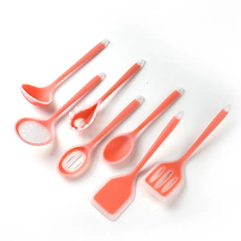 7-piece semi-transparent silicone kitchen utensil set, includes spatulas, spoons, and more. Made of soft silicone, it's durable, heat-resistant, and easy to clean. Can be hung for storage, a must-have for any home kitchen