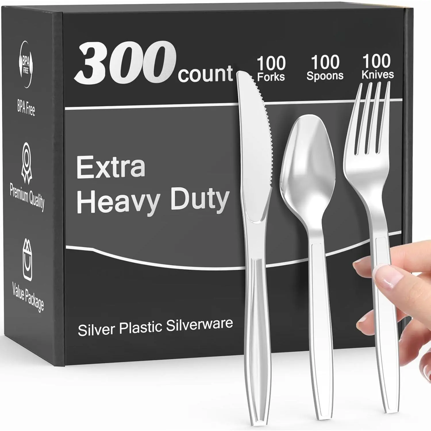 300 Count Extra Heavy Duty  Plastic Silverware, 100 Forks, 100 Spoons, 100 , , Heat Resistant, Disposable Plastic Utensils Set, Plastic Cutlery Set, Plasticware Bulk