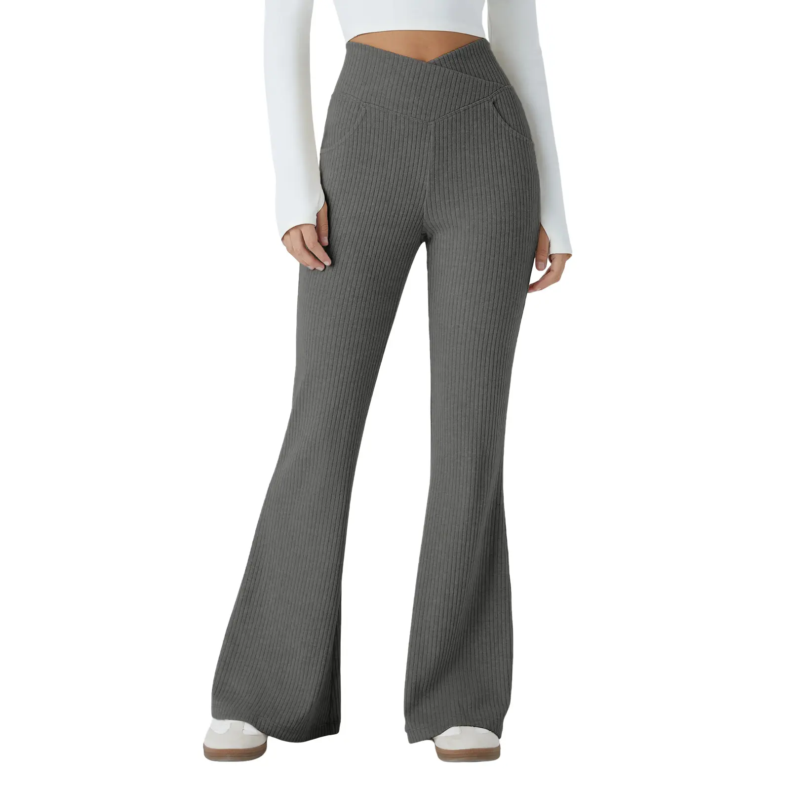 Aoysky Ribbed Flare Leggings for Women, Crossover High Waist Bootcut Yoga Pants with Pockets, Tall Length, Sporty Chic