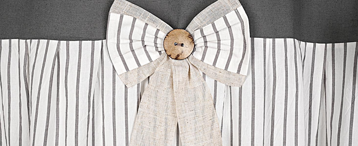 Farmhouse Grey Shower Curtain,Bowknot,Cotton Woven and Cotton Blend Fabric,Pleated Grey Stripe,Country Style,72x78 in