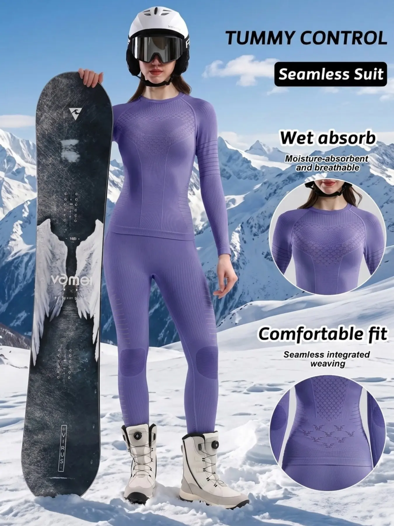 Women's 2pc Seamless Compression Ski Jacket Set, Quick-Dry Moisture-Wicking, Warm Layer for Winter Sports, Ideal for Skiing and Cycling