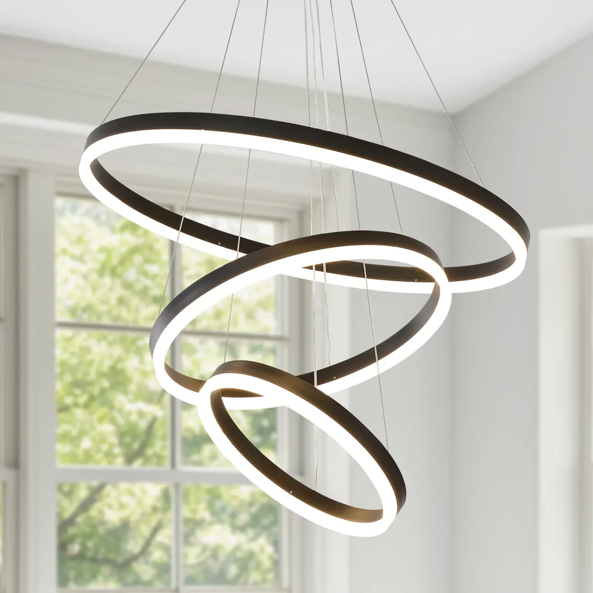 Modern 3 Rings  Chandelier with Remote Control, Dimmable LED Chandelier with 3 Color Temperature, Adjustable LED Pendant Light for Dining Room Kitchen Living Room Entryway, Black