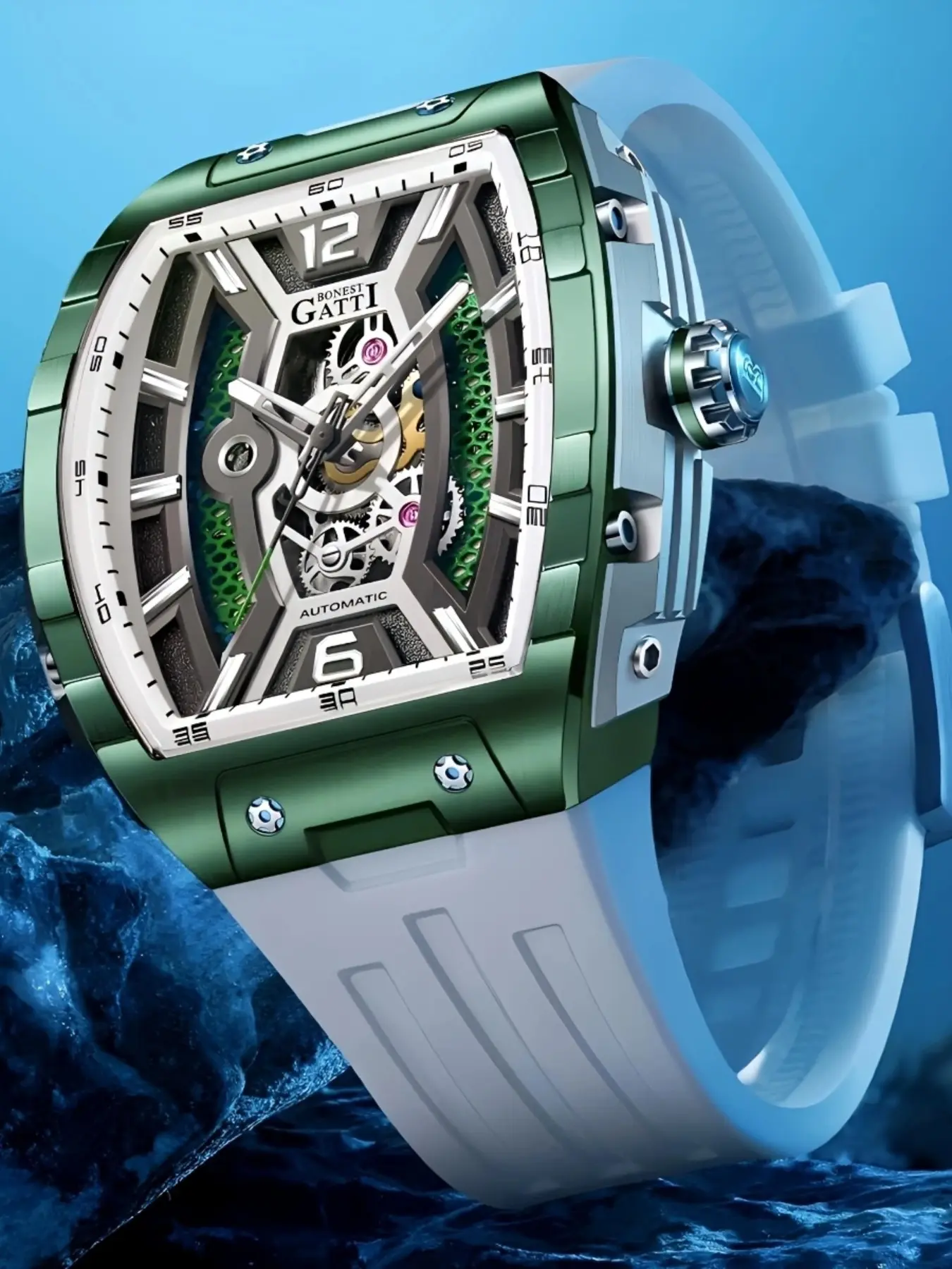 Bonest Gatti Men's Mechanical Watch, Full Skeleton Automatic Movement, Cyberpunk Style, Fluorine Rubber Strap, Scratch-Resistant, Gift Recommendation Bg5601