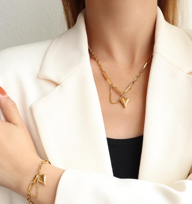18K Gold Plated Stainless Steel Heart Necklace Bracelet Set, Dainty Gold Heart Pendant Jewelry for Women, Hypoallergenic Daily Wear Fashion Accessory for Office, Party, Gift