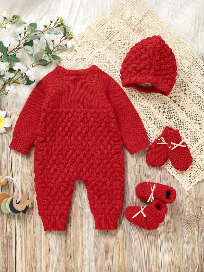 Baby's Button Front Sweater Jumpsuit & Pom Pom Decor Baby Bonnet & Bow Decor Mittens & Knit Baby Shoes Set, Cute Onesies Set for Newborn Infant Kids, Newborn Gift Set, Baby Clothing