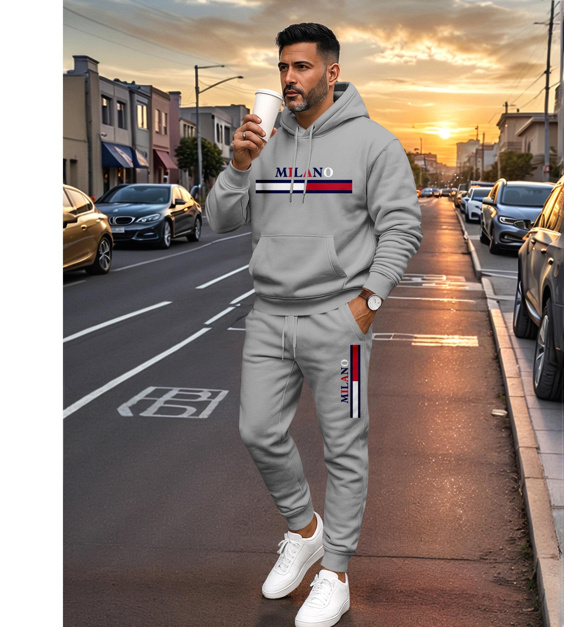 Men's MILANO Letter Pattern Print Hoodie and Drawstring Sweatpants Set, Menswear, Casual Athletic Long Sleeve Hooded Jacket & Trousers for Fall & Winter, Men's Clothing for Daily Wear, Sportswear Indoor Outdoor, Tracksuit, Athleisure Men's MILANO Letter Pattern Print Hoodie and Drawstring Sweatpants Set, Menswear, Casual Athletic Long Sleeve Hooded Jacket & Trousers for Fall & Winter, Men's Clothing for Daily Wear, Sportswear Indoor Outdoor, Tracksuit, Athleisure