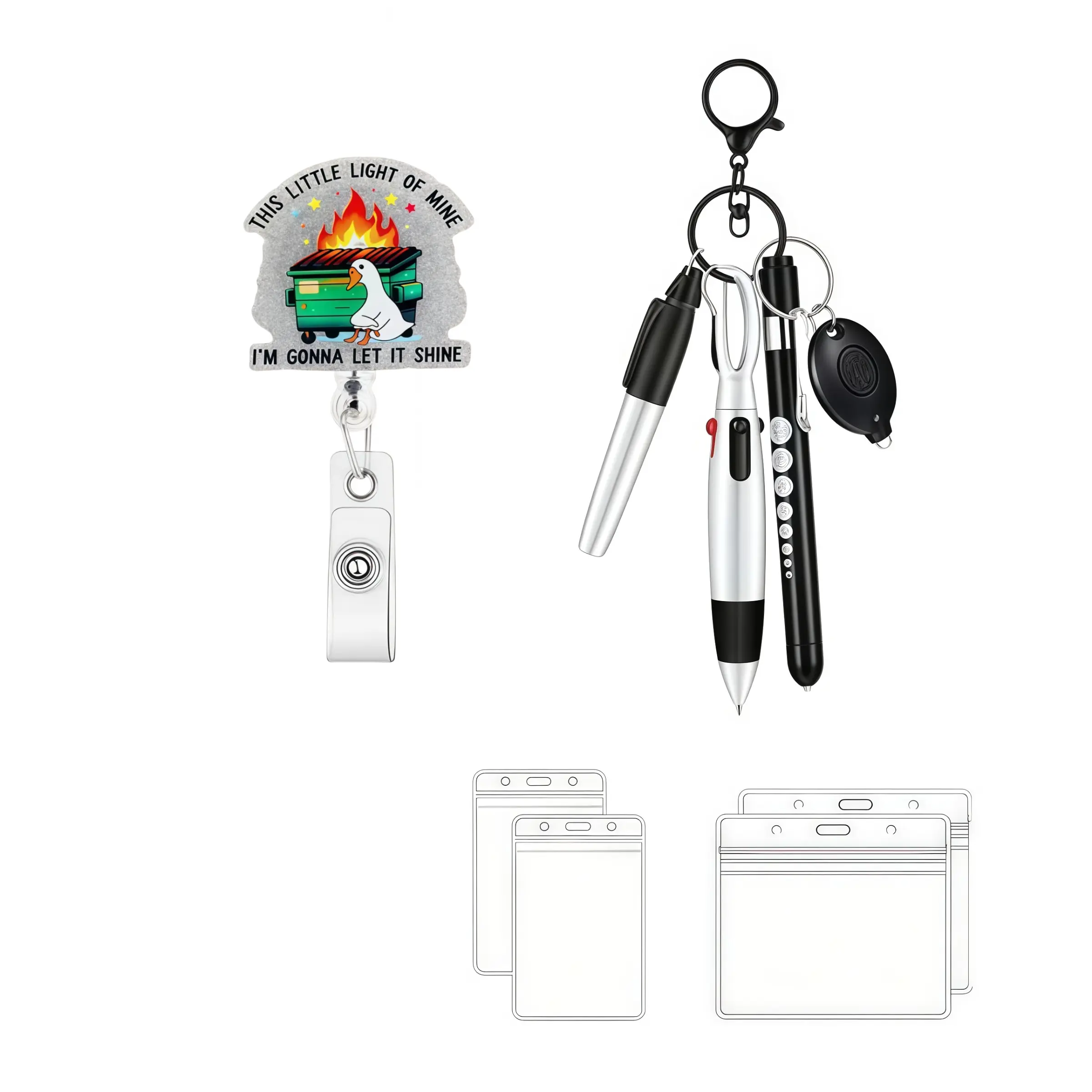 Funny Trash Can Fire Duck Stretch Badge Set, Includes Pen and Transparent ID Holder, Unique Gift for Nurses, Teachers, Office Workers