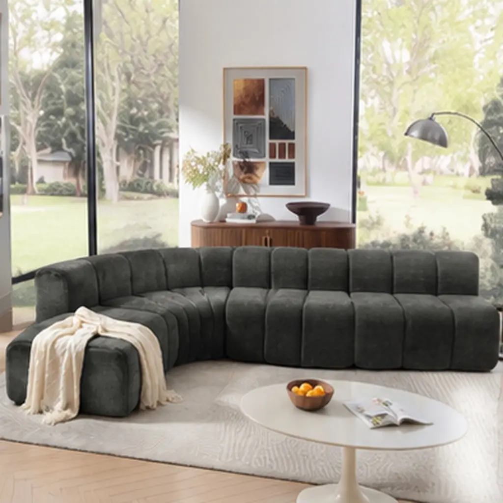 ARCH Modern Semi-Curved Modular Sectional Sofa with Ottoman, Vertical Stitched Chenille Soft Couch, Movable Adjustable Ottoman, Rounded Edge Wear-Resistant, 4-Seat Living Room Furniture, Multiple Color Options, Beige/Black/Dark Gray Color Options
