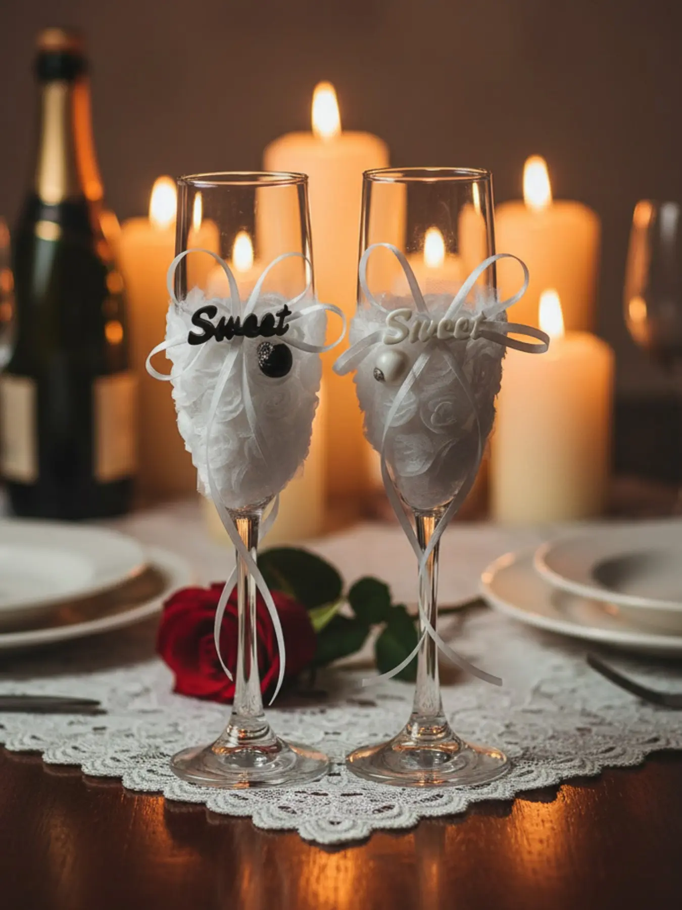 2Pcs Wedding Champagne Glasses Set, Bride & Groom Toasting Flutes with Handmade Lace Flowers, Rose & Bow Decor, Sweet Letter Mr & Mrs Couple Glasses for Wedding Ceremony, Engagement, Anniversary, Valentine Gift & Photo Props